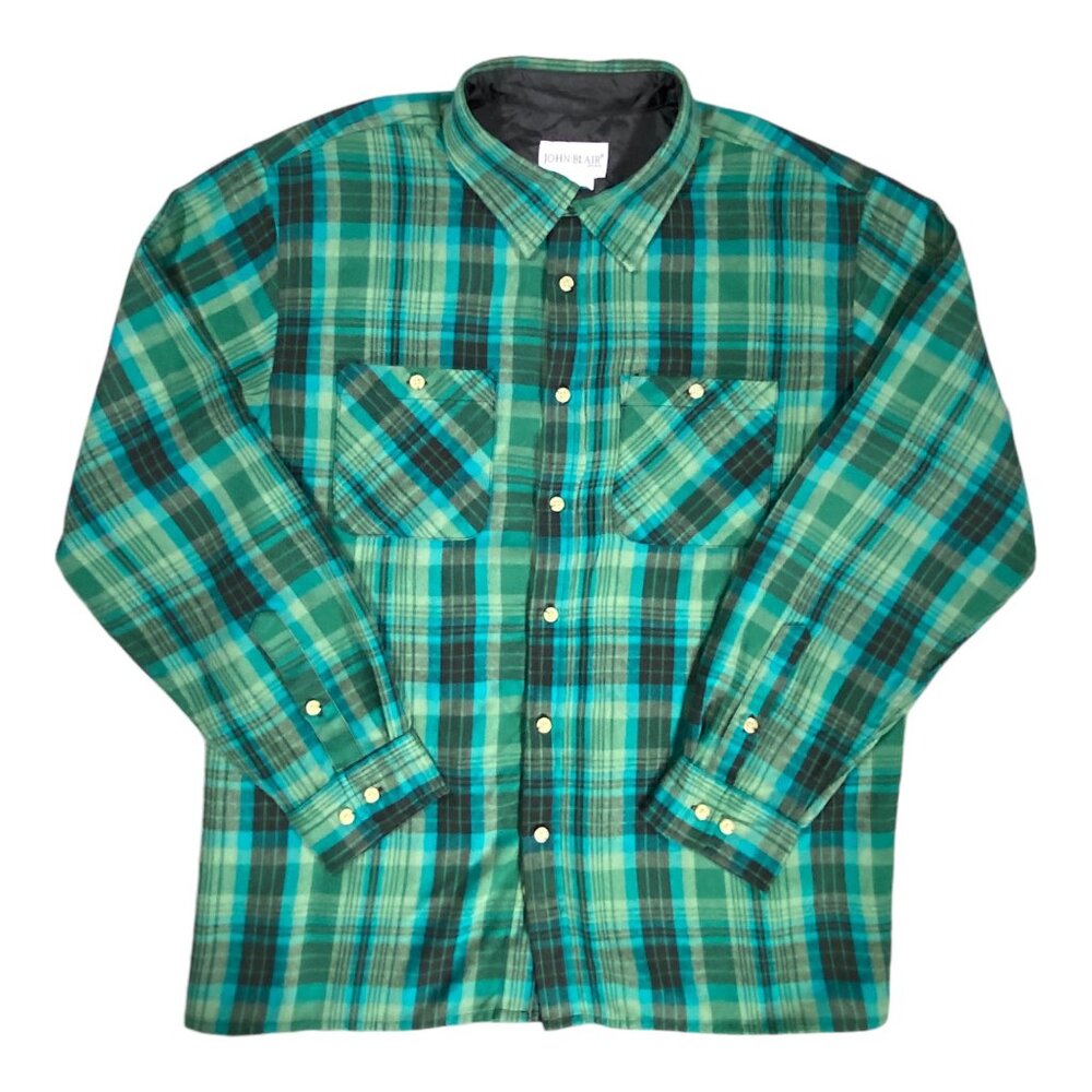 John Blair Shirt Mens M Green Plaid Tartan Button Up Flannel Classic Lumberjack